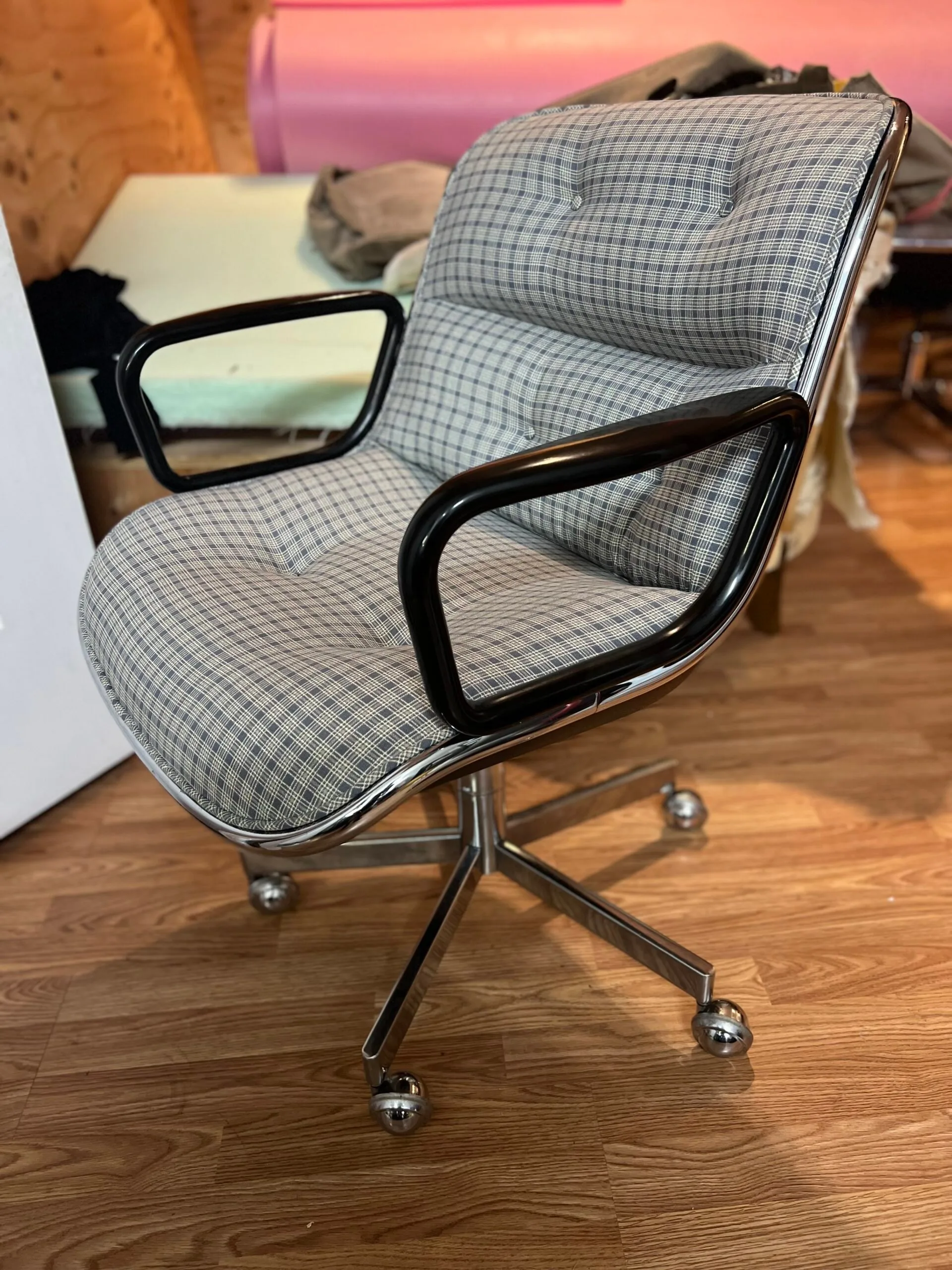 Pollock executive office chair reupholstered in plaid wool fabric