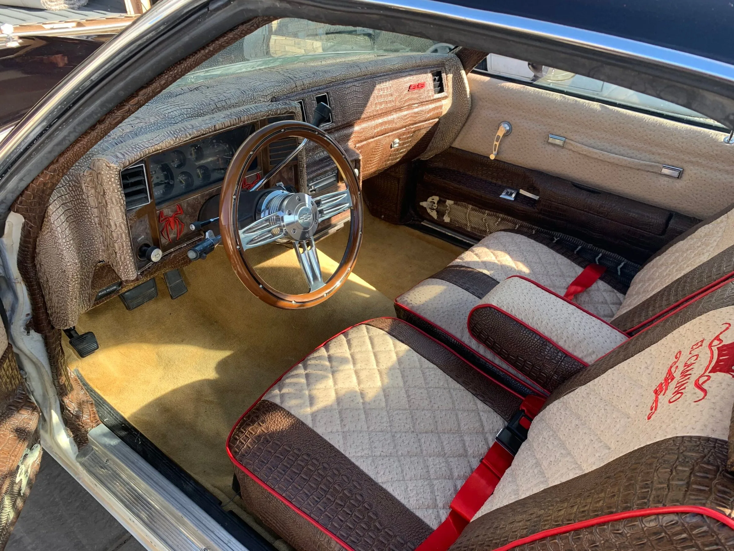 Classic muscle car interior fully reupholstered with custom diamond-stitch pattern